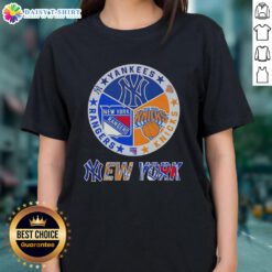 Happy New York City sports logos for Yankees, Knicks, and Rangers on a ladies tee shirt design.