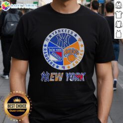 Happy New York City sports T-shirt featuring Yankees, Knicks, and Rangers logos in a stylish design.