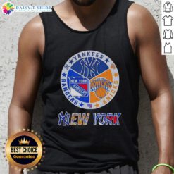 Alt Text: Happy New York City Sports tank top featuring Yankees, Knicks, and Rangers logos for passionate fans.