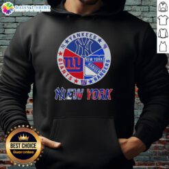 Happy New York City Sports hoodie featuring Yankees, Rangers, and Giants logos for passionate fans.