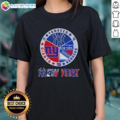 Alt Text: Happy New York City sports logos on ladies tee featuring Yankees, Rangers, and Giants for fans.