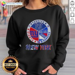 Alt Text: Happy New York City sports sweatshirt featuring Yankees, Rangers, and Giants logos in a stylish design.