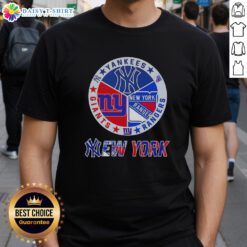 Alt Text: Happy New York City sports t-shirt featuring Yankees, Rangers, and Giants logos combined in vibrant design.