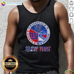 Alt Text: Happy New York City sports tank top featuring Yankees, Rangers, and Giants logos for fans and sports enthusiasts.