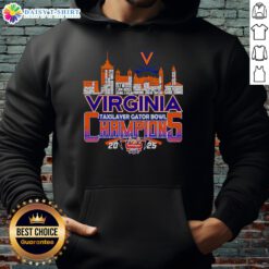Happy Skyline Virginia TaxSlayer Gator Bowl Champions 2025 Hoodie featuring vibrant colors and team logo.