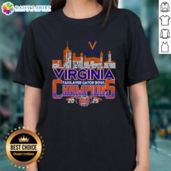 Happy Skyline Virginia TaxSlayer Gator Bowl Champions 2025 Ladies Tee, celebrating victory in vibrant colors and design.