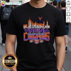 Happy Skyline Virginia Taxslayer Gator Bowl Champions 2025 T-Shirt featuring vibrant team colors and celebratory graphics.