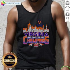 Alt Text: Happy Skyline Virginia TaxSlayer Gator Bowl Champions 2025 tank top highlighting team spirit and celebration.