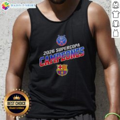 Nice Barcelona FC Winners Supercopa Campeones 2026 RFEF tank top featuring vibrant team colors and logo design.
