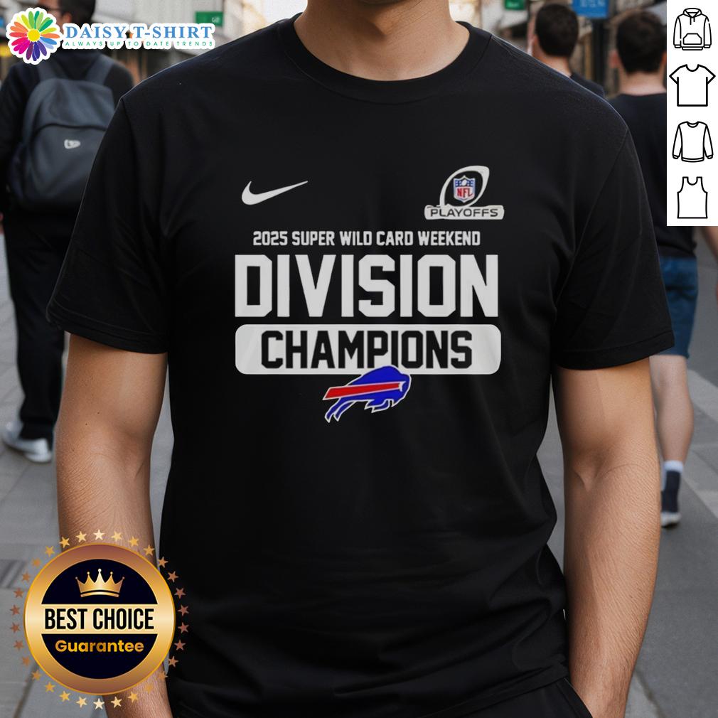 Alt Text: Buffalo Bills 2025 Super Wild Card Weekend Division Champions T-Shirt showcasing team pride and vibrant design.
