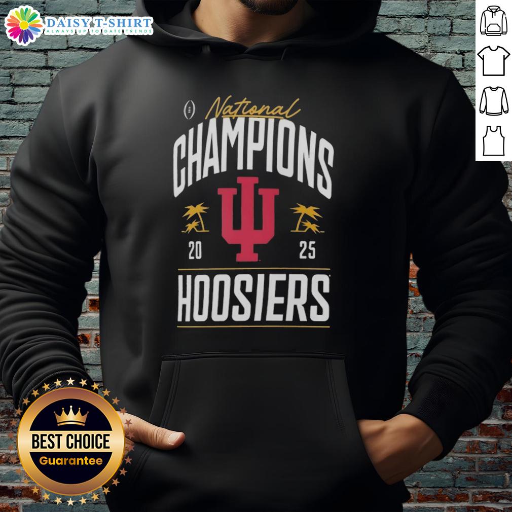 Alt Text: Nice Indiana Hoosiers College Football Playoff National Champions 2025 logo on a palm tree hoodie design.