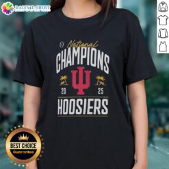 Alt Text: 2025 College Football Playoff National Champions logo for Nice Indiana Hoosiers on a ladies tee with palm tree design.