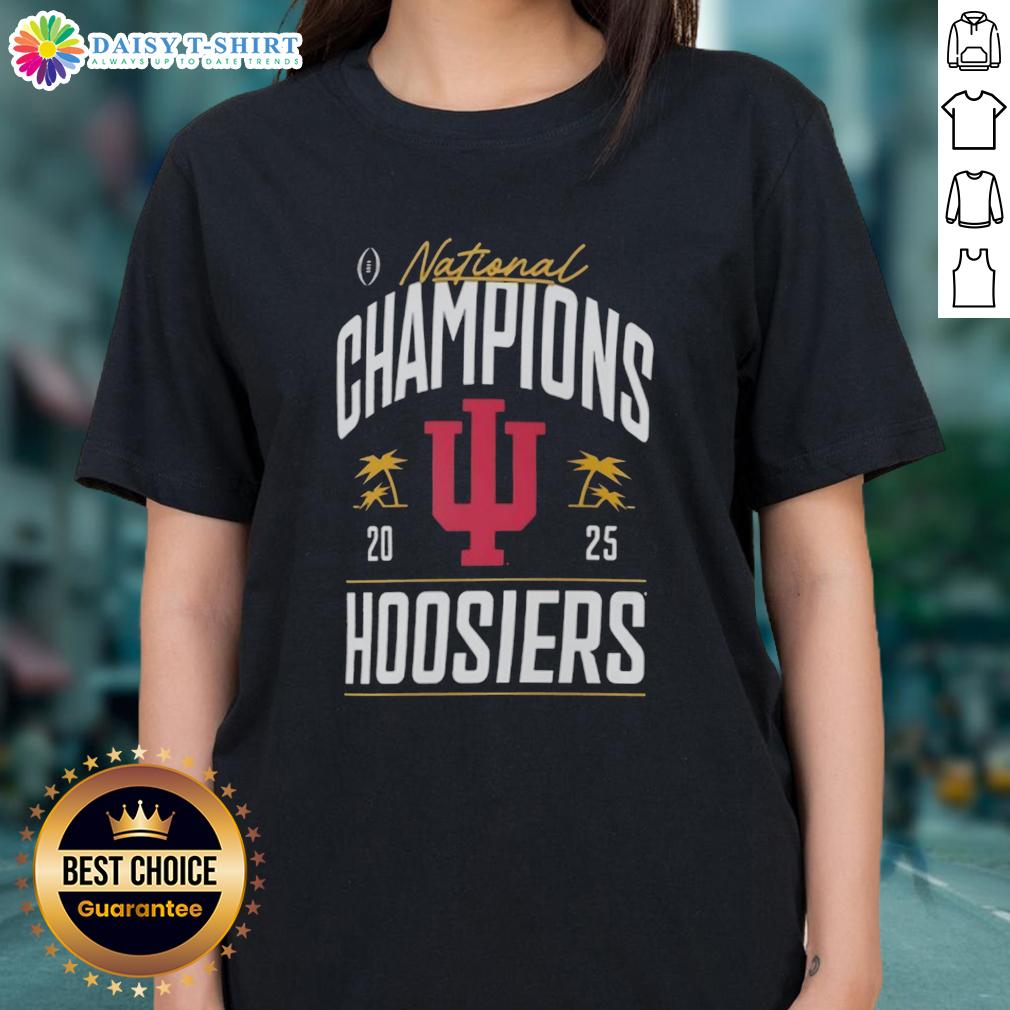 Alt Text: 2025 College Football Playoff National Champions logo for Nice Indiana Hoosiers on a ladies tee with palm tree design.