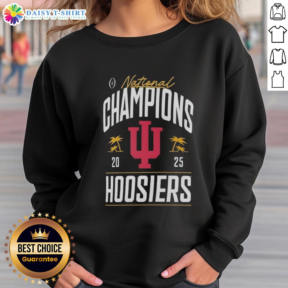2025 Nice Indiana Hoosiers College Football Playoff National Champions logo on a palm tree sweatshirt.