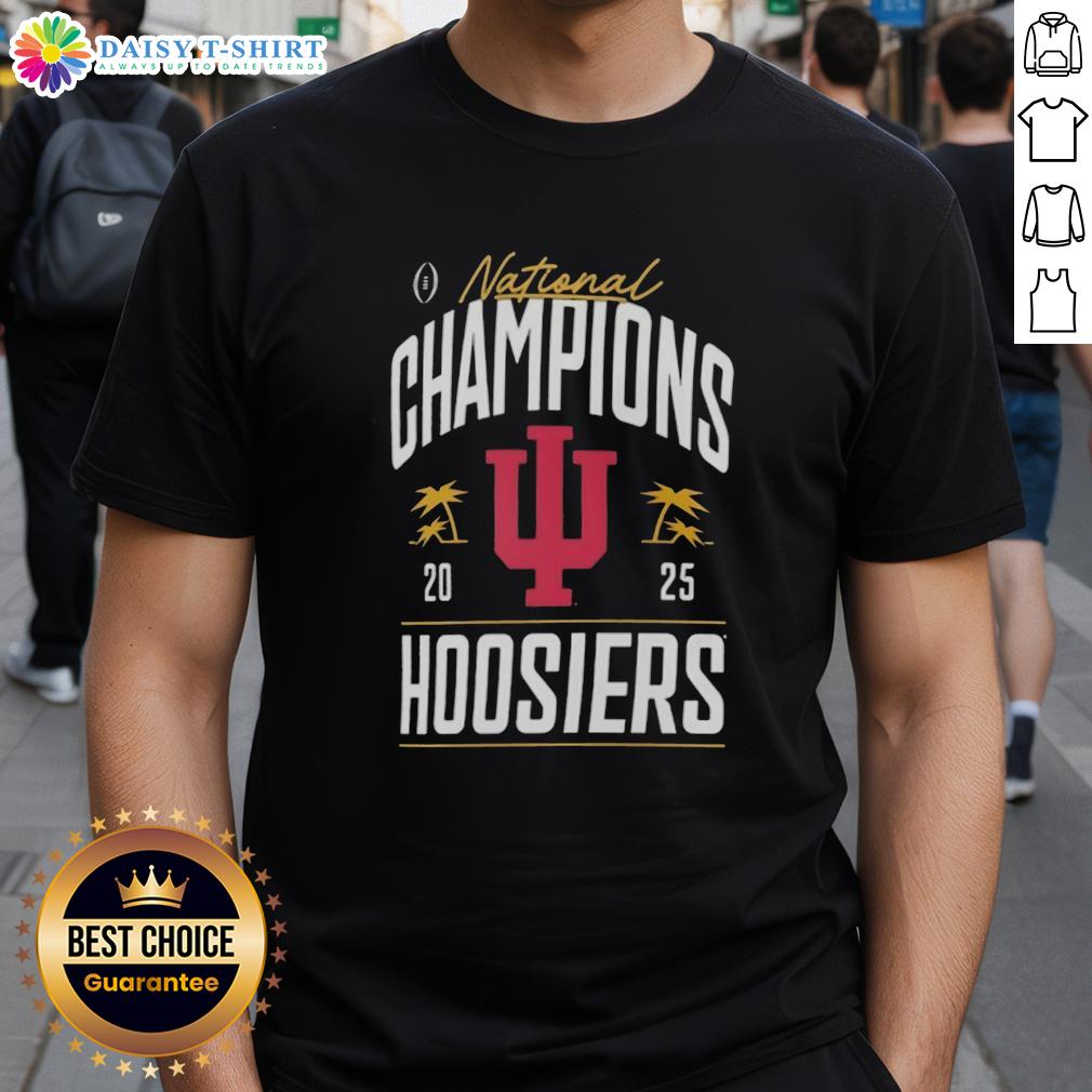 Alt Text: Indiana Hoosiers College Football Playoff National Champions 2025 logo on a stylish palm tree t-shirt design.