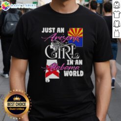Arizona girl in a stylish Alabama world t-shirt, showcasing a blend of state pride and trendy fashion.