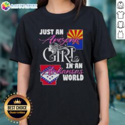 Alt Text: Stylish ladies' tee featuring 'Just an Arizona Girl in an Arkansas World' design, perfect for casual wear.