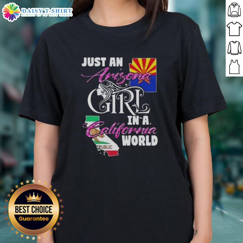 Arizona girl in California world ladies tee, showcasing a stylish design perfect for casual wear and travel.