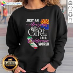Arizona girl in a California world sweatshirt, casual style, showcasing vibrant design and comfortable fit.
