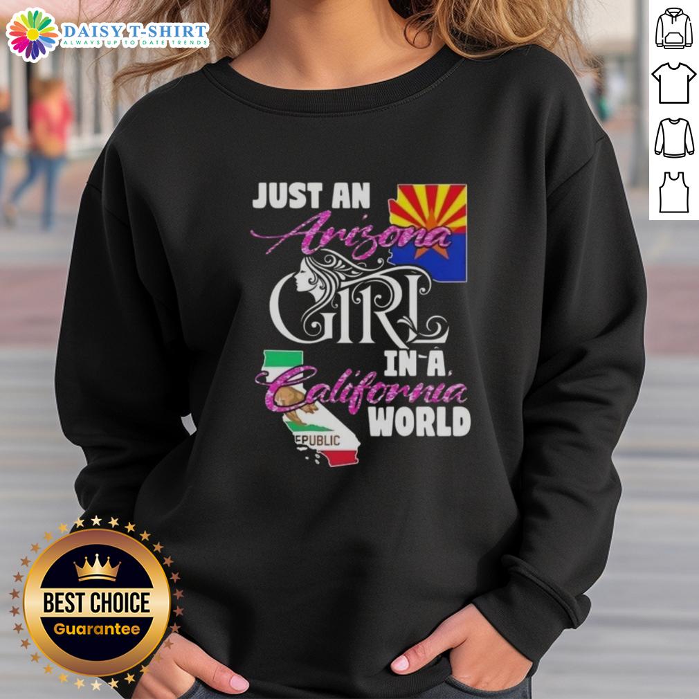 Arizona girl in a California world sweatshirt, casual style, showcasing vibrant design and comfortable fit.