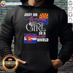 Arizona girl in a Colorado world hoodie, showcasing a stylish design perfect for casual wear and travel.