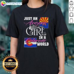 Arizona girl in Colorado world ladies tee, showcasing a stylish graphic design perfect for casual wear.