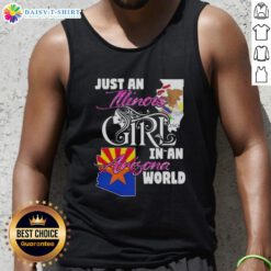 Illinois girl wearing a tank top with 'Just an Illinois Girl in an Arizona World' slogan in a sunny outdoor setting.