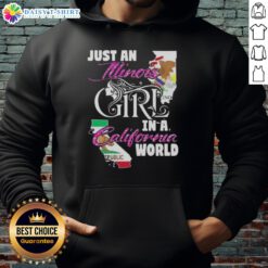 Illinois girl in a California world hoodie, showcasing a stylish and cozy graphic sweatshirt for casual wear.
