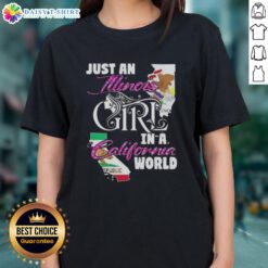 Illinois girl in a California world ladies tee, showcasing a trendy design perfect for casual wear.