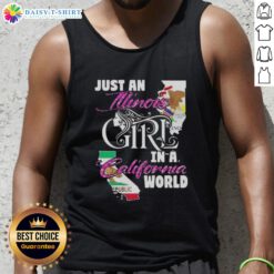 Illinois girl in a California world tank top, showcasing a stylish casual outfit with a vibrant California vibe.