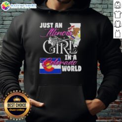 Illinois girl in a Colorado world hoodie, showcasing a stylish design perfect for casual wear and travel enthusiasts.