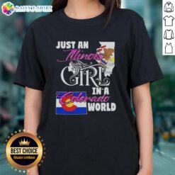 Illinois Girl in a Colorado World Ladies Tee, showcasing a stylish graphic design perfect for casual wear.