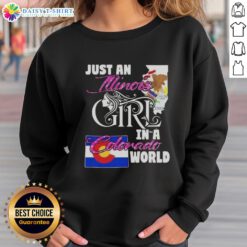 Illinois girl in a Colorado world sweatshirt, showcasing a cozy design perfect for casual outings and travel adventures.