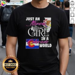 Illinois girl in a Colorado world t-shirt, showcasing a stylish graphic design perfect for proud Midwesterners in Colorado.