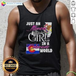 Alt Text: Illinois girl in a Colorado world tank top, showcasing a stylish and casual summer outfit in a scenic outdoor setting.