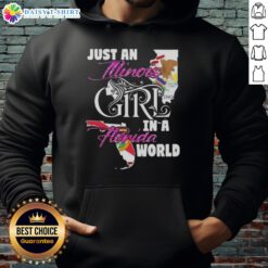 Illinois girl in a Florida world hoodie, showcasing a stylish design perfect for casual wear and travel.