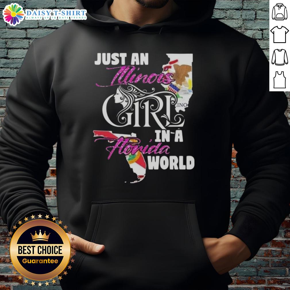 Illinois girl in a Florida world hoodie, showcasing a stylish design perfect for casual wear and travel.
