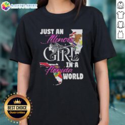 Illinois girl in a Florida world ladies tee, featuring a stylish design perfect for casual summer outings.