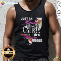 Illinois girl in a Florida world tank top, showcasing a casual summer style with vibrant colors and a relaxed fit.