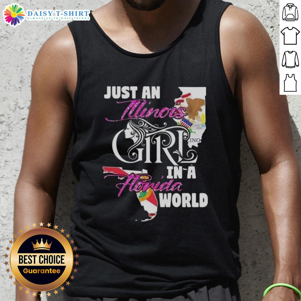 Illinois girl in a Florida world tank top, showcasing a casual summer style with vibrant colors and a relaxed fit.