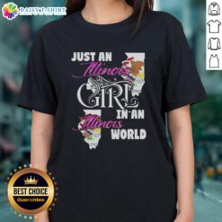 Illinois girl wearing a stylish tee that says 'Just an Illinois Girl in an Illinois World', showcasing local pride.