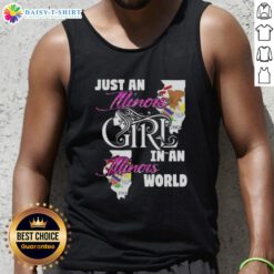 Illinois girl wearing a tank top with 'Just an Illinois Girl in an Illinois World' slogan at a sunny outdoor event.