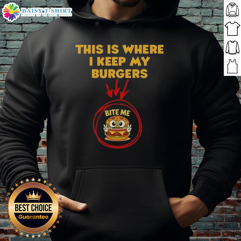 Person wearing a 'Bite Me' hoodie, showcasing humor and style, perfect for burger lovers and casual wear.