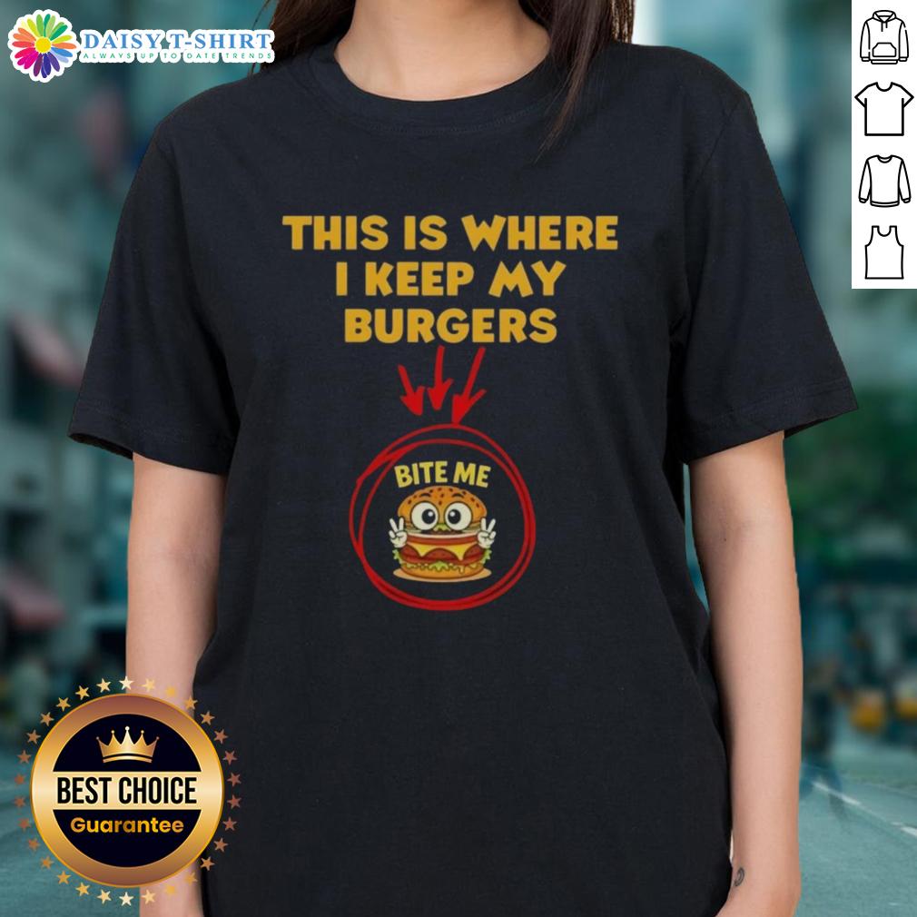 Funny 'Bite Me Ladies' tee featuring a burger graphic, perfect for burger lovers and casual wear enthusiasts.