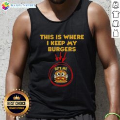 Person wearing a 'Bite Me' tank top, showcasing a fun burger-themed design perfect for casual outings and food lovers.