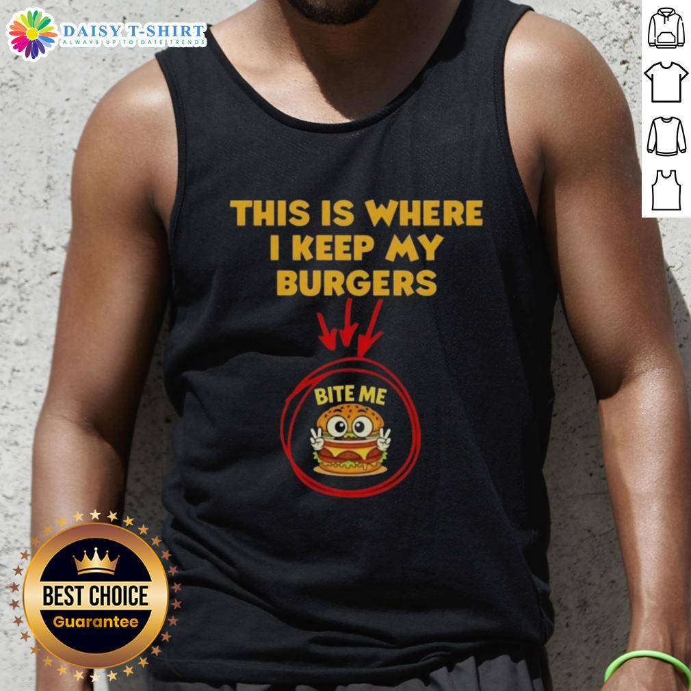 Person wearing a 'Bite Me' tank top, showcasing a fun burger-themed design perfect for casual outings and food lovers.