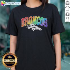 Official Denver Broncos Pride LGBT Ladies Tee featuring vibrant colors and the Broncos logo for fans celebrating diversity.
