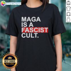 Alt Text: Official MAGA Is A Fascist Cult Ice Ladies Tee featuring bold graphic design and vibrant colors for political apparel.