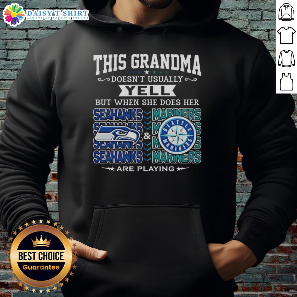Grandma wearing a Seattle Seahawks and Mariners hoodie, ready to cheer passionately for her teams.