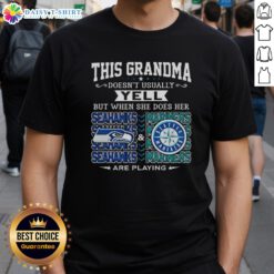 Grandma wearing a Seattle Seahawks and Mariners T-shirt, expressing excitement with a playful slogan about yelling.